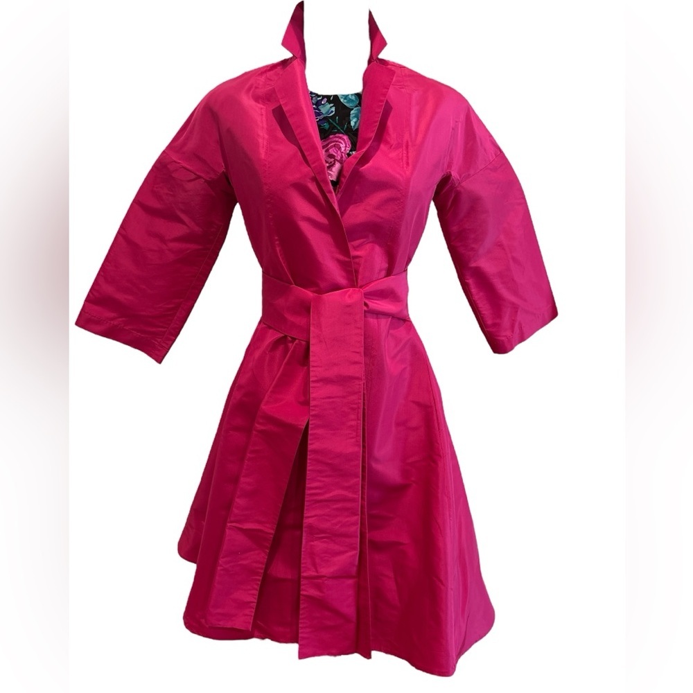 80s BCBGMaxAzria SILK FUCHSIA PINK KIMONO STYLE TAFFETA COAT W SASH SZ XXS - Picture 3 of 7